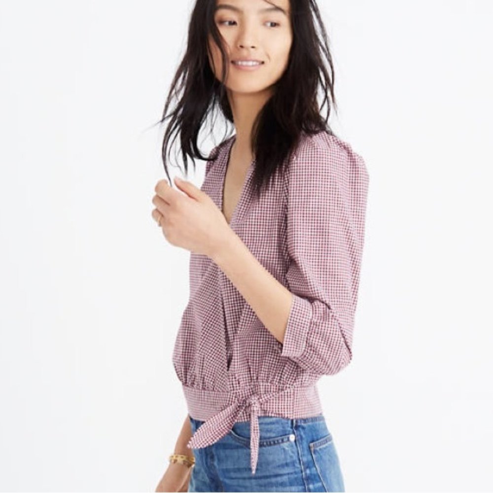 Madewell Maroon Gingham Check Tie Shirt
